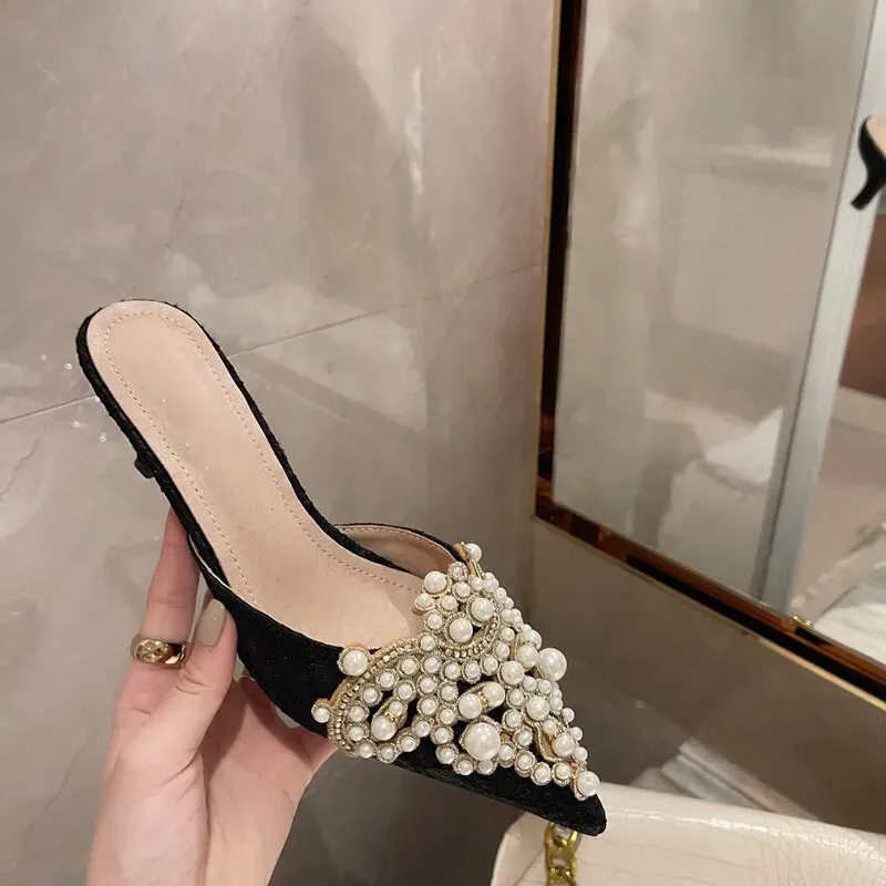 Beaded Pearl Crystal Lace Heels