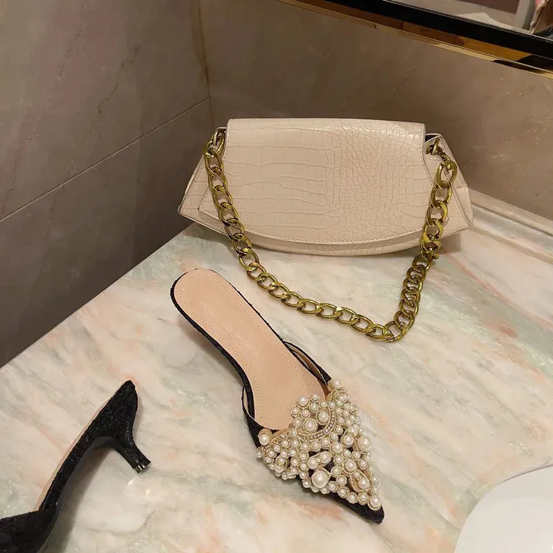 Beaded Pearl Crystal Lace Heels