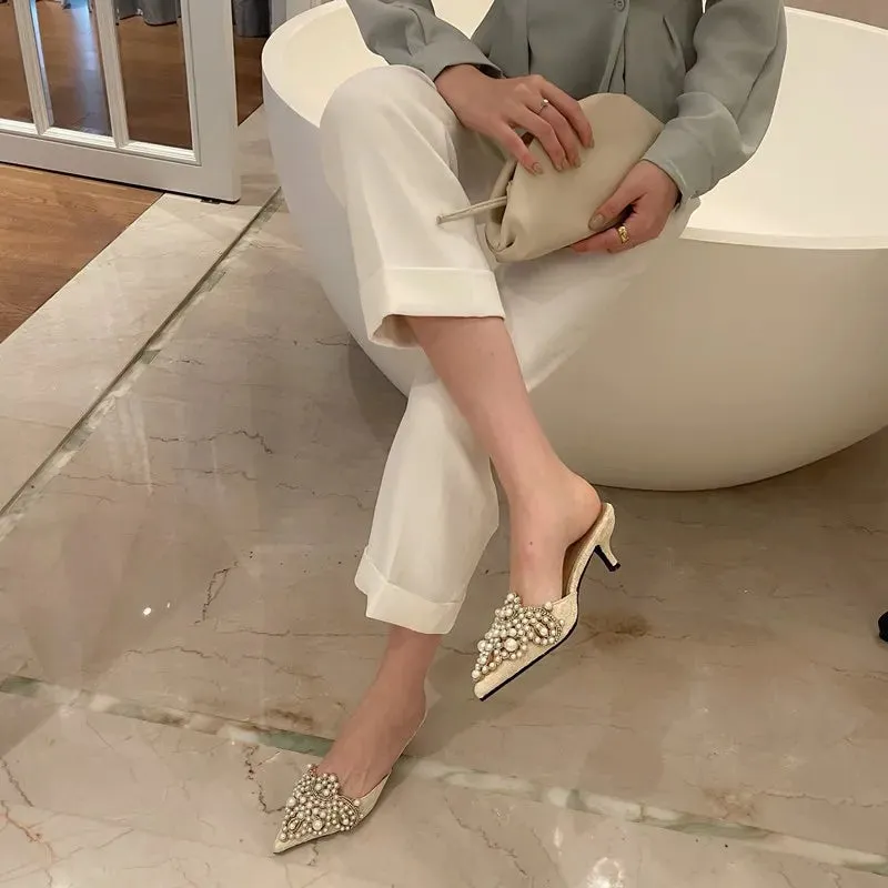 Beaded Pearl Crystal Lace Heels