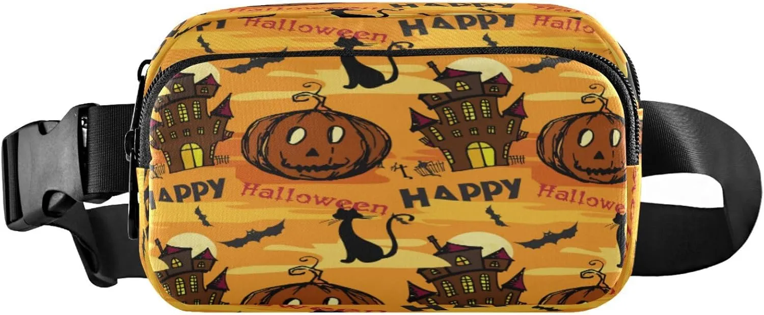 Boccsty Halloween Castle Pumpkin Cat Belt Bag for Women Men Bat Animal Fanny Pack Small Waist Pouch Crossbody Bags for Outdoor Hiking Running Travel