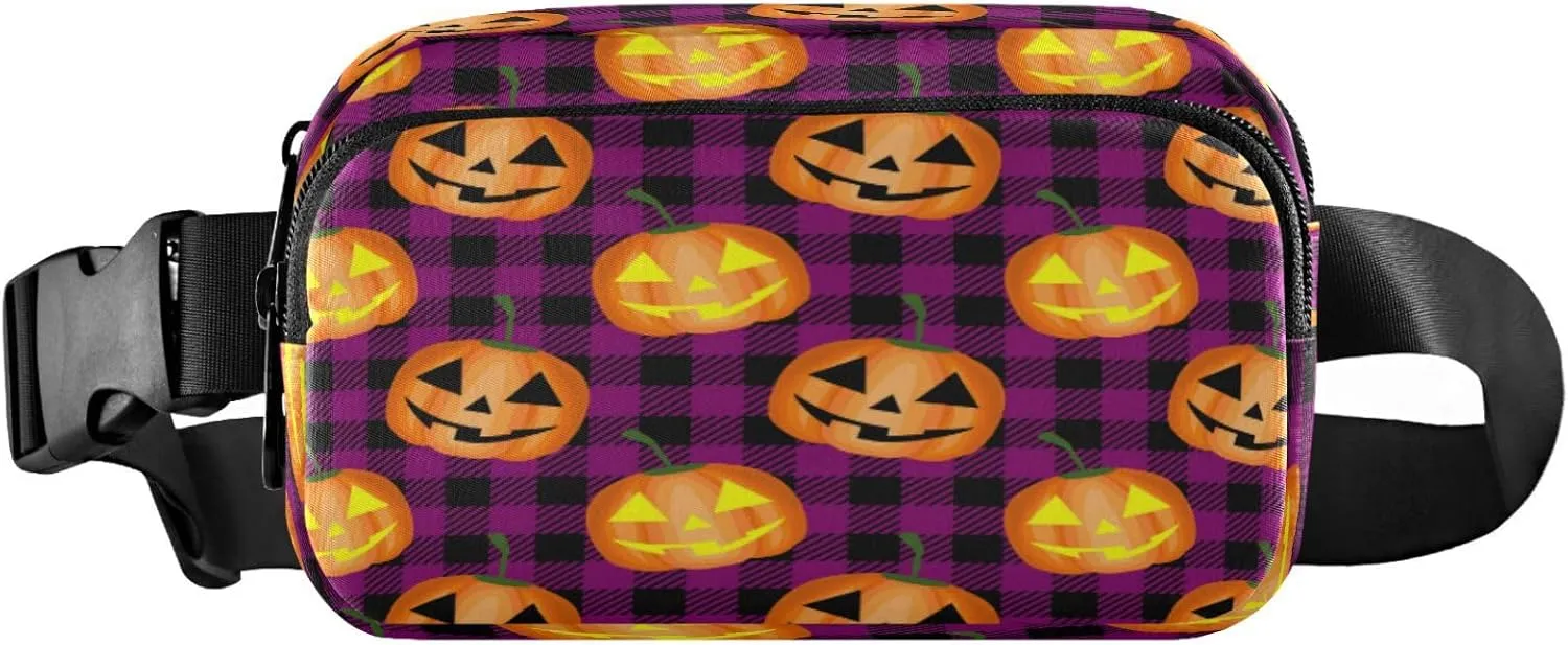 Boccsty Halloween Pumpkin Belt Bag for Women Men Purple Plaid Fanny Pack Small Waist Pouch Crossbody Bags for Outdoor Hiking Running Travel