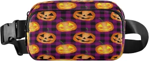 Boccsty Halloween Pumpkin Belt Bag for Women Men Purple Plaid Fanny Pack Small Waist Pouch Crossbody Bags for Outdoor Hiking Running Travel