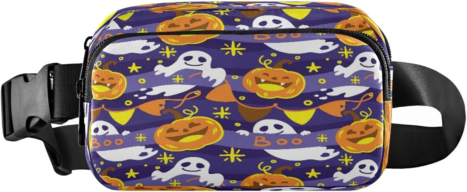 Boccsty Halloween Pumpkin Boo Ghost Belt Bag for Women Men Purple Bats Fanny Pack Small Waist Pouch Crossbody Bags for Outdoor Hiking Running Travel