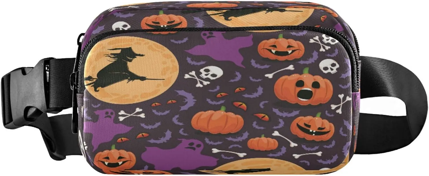 Boccsty Halloween Pumpkin Witch Ghost Belt Bag for Women Men Sugar Kull Bats Fanny Pack Small Waist Pouch Crossbody Bags for Outdoor Hiking Running Travel