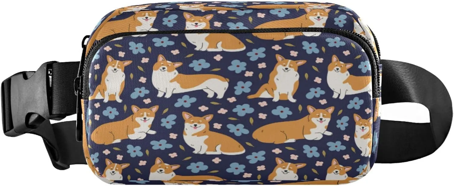 Boccsty Welsh Corgi Dog Flowers Belt Bag for Women Men Fanny Pack Small Waist Pouch Crossbody Bags for Outdoor Hiking Running Travel