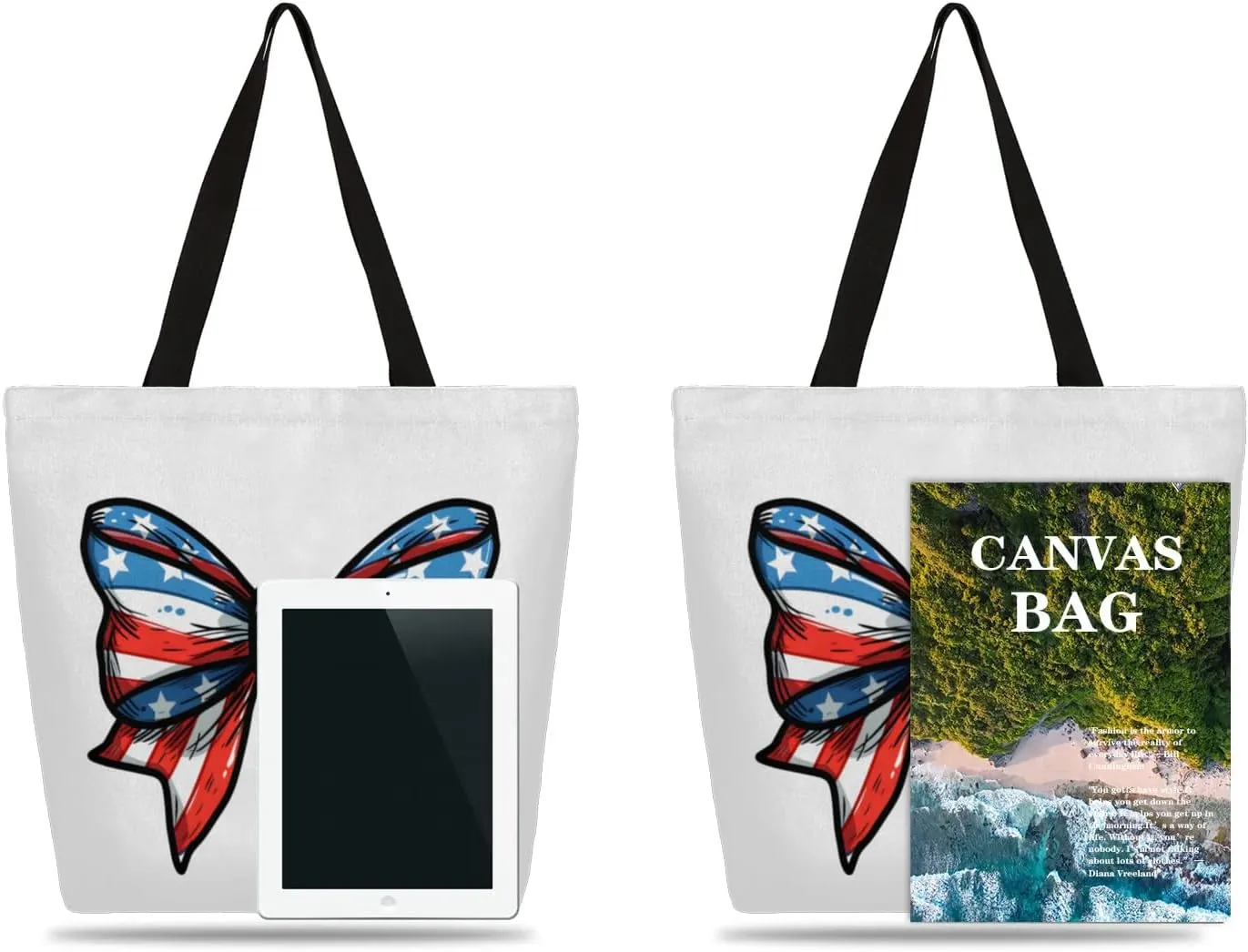 Bow Stars Stripes Large Opening Canvas Tote Bag with Interior Pocket Woman Gifts