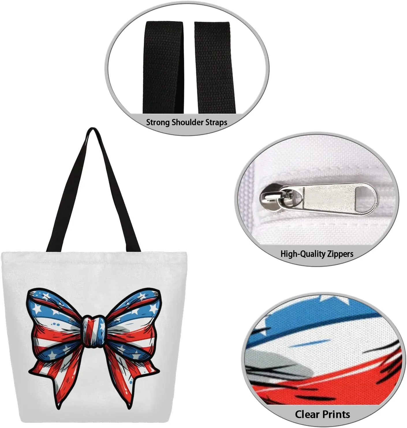 Bow Stars Stripes Large Opening Canvas Tote Bag with Interior Pocket Woman Gifts