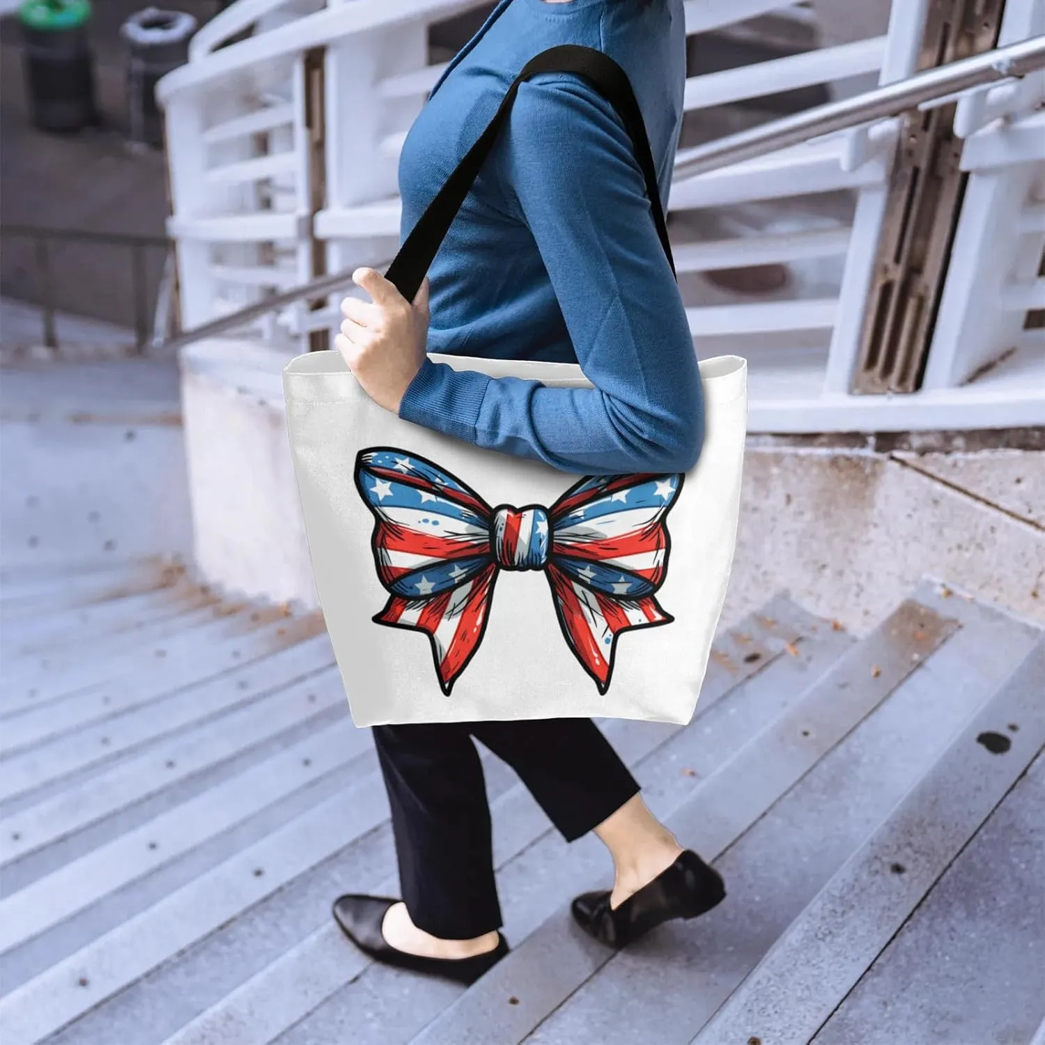 Bow Stars Stripes Large Opening Canvas Tote Bag with Interior Pocket Woman Gifts