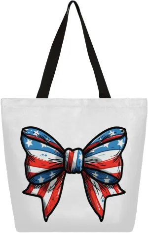 Bow Stars Stripes Large Opening Canvas Tote Bag with Interior Pocket Woman Gifts