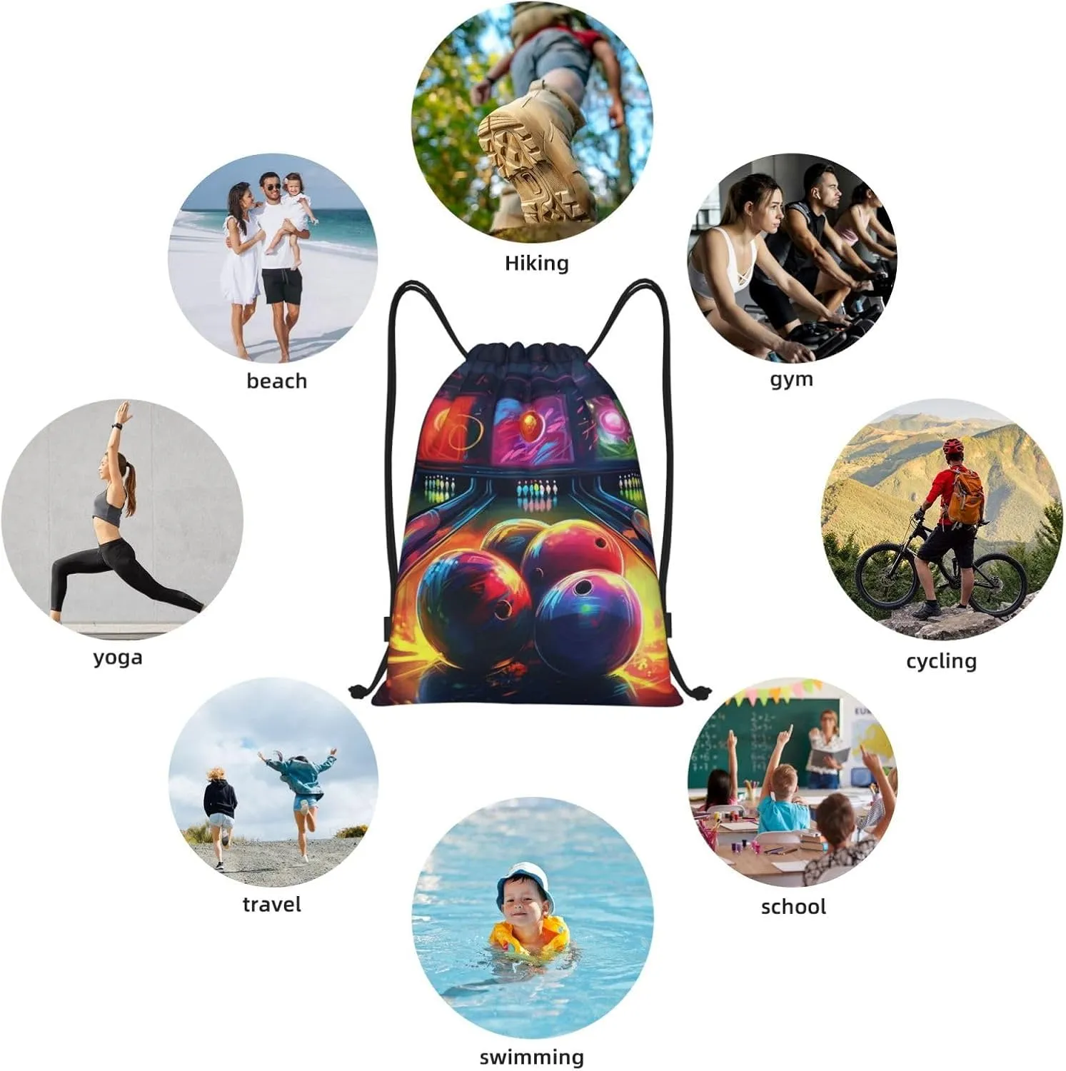 Bowling Balls Drawstring Backpack Lightweight Draw String Bag Cinch Bags Waterproof Gym Bag for Men Women Swim Bag Medium