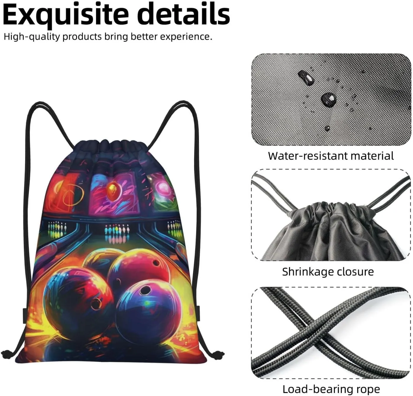 Bowling Balls Drawstring Backpack Lightweight Draw String Bag Cinch Bags Waterproof Gym Bag for Men Women Swim Bag Medium
