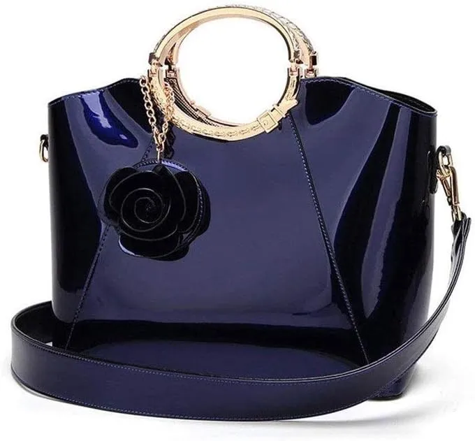 Bright Leather Handbag Leather Womens Handbags Totes Top Handle Shoulder Bag Satchel Ladies Purses (Color : Blue)