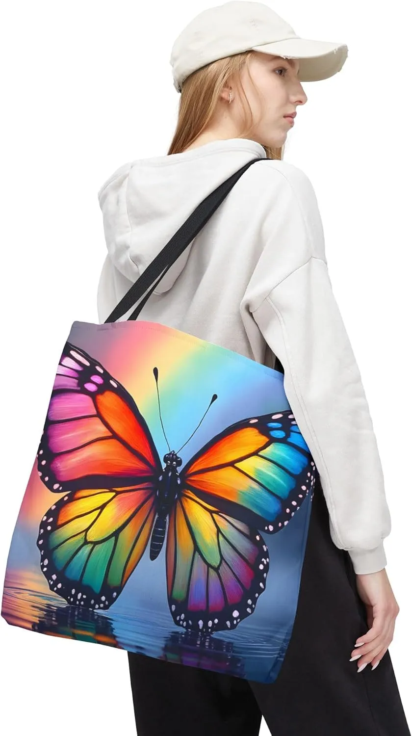 Butterfly Tote Bag- Rainbow Monarch Beach Bag for Girls Pretty Colorful Reusable Shopping Bags Fun Kids Travel Totes