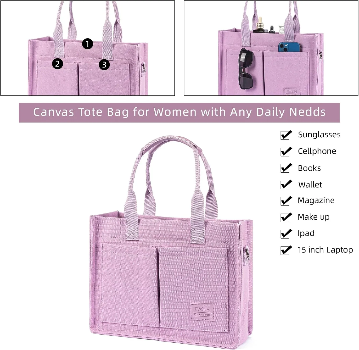 Canvas Tote Bag for Women, Large Laptop Travel Tote Handbag Totes with Crossbody Shoulder Teachers Reusable Grocery Bags