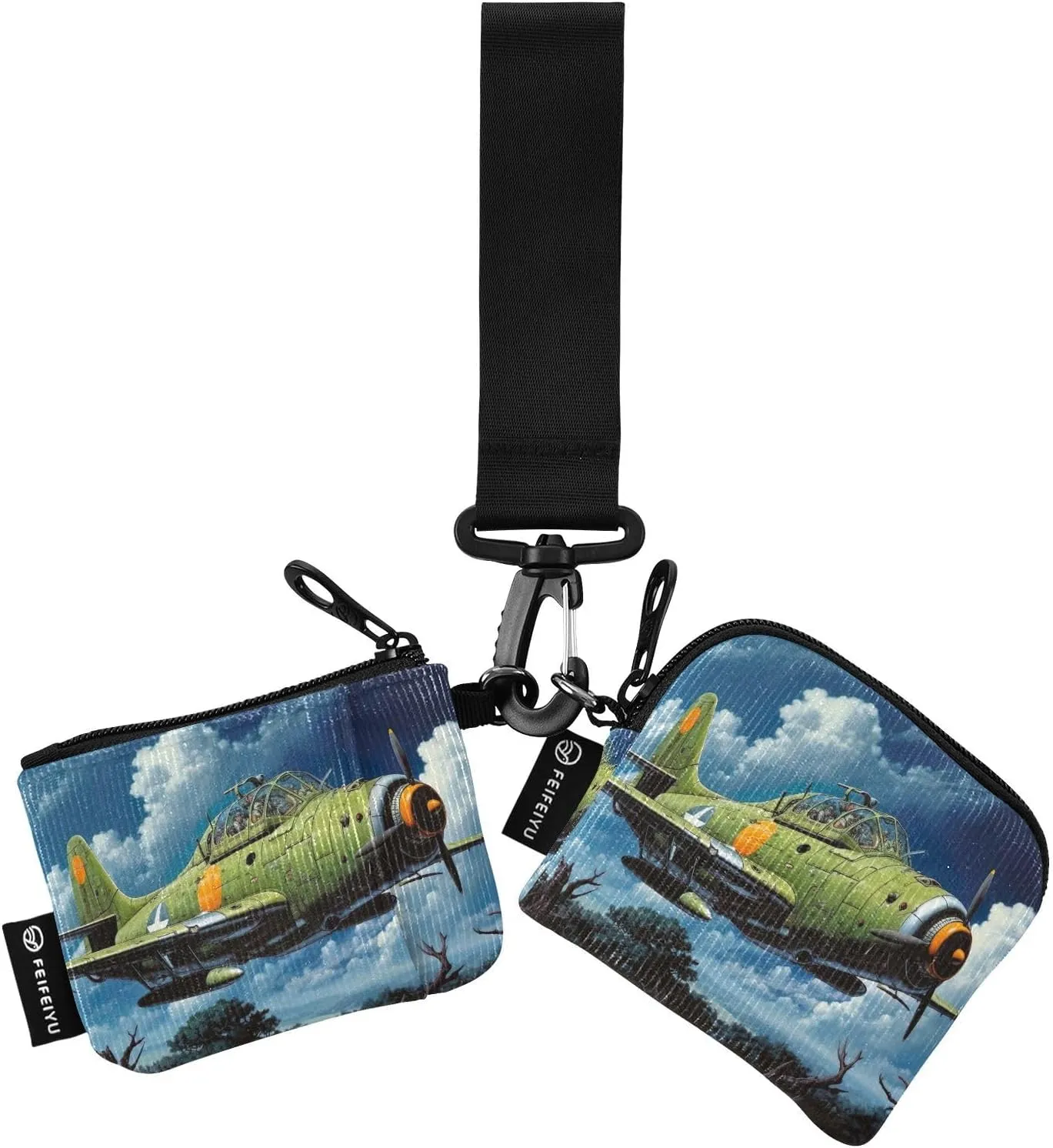Cartoon Aircraft Zip Around Wristlet Wallet for Women Portable Detachable Dual Pocket Keychain Wallet Wrist Wallet