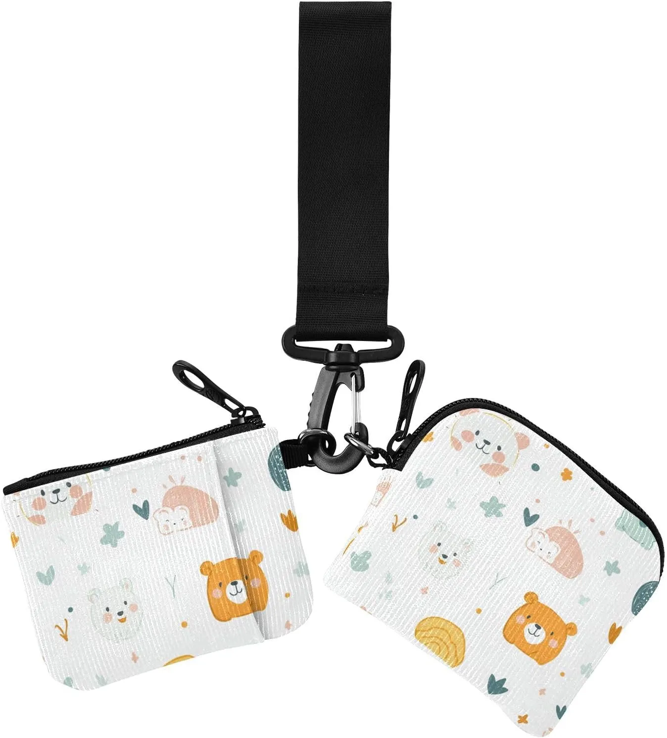 Cartoon Childish Cute Animal Light Color Dual Coin Purse Credit Card Holder Wallet Small Detachable Zipper Wristlet Wallet with Keychain for Work Travel 2 Pcs