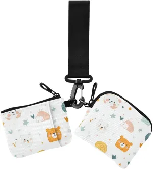 Cartoon Childish Cute Animal Light Color Dual Coin Purse Credit Card Holder Wallet Small Detachable Zipper Wristlet Wallet with Keychain for Work Travel 2 Pcs
