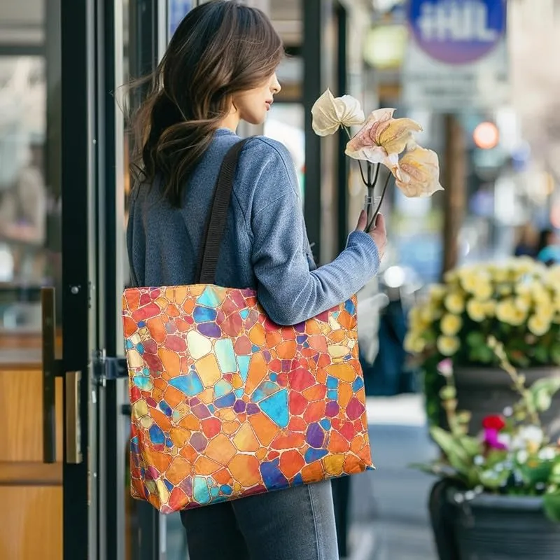 Cartoon Husky Dog Sheep Women Tote Paper Bag, Countryside Flower Hand Bag, Geometric Art Commute Bag for Work