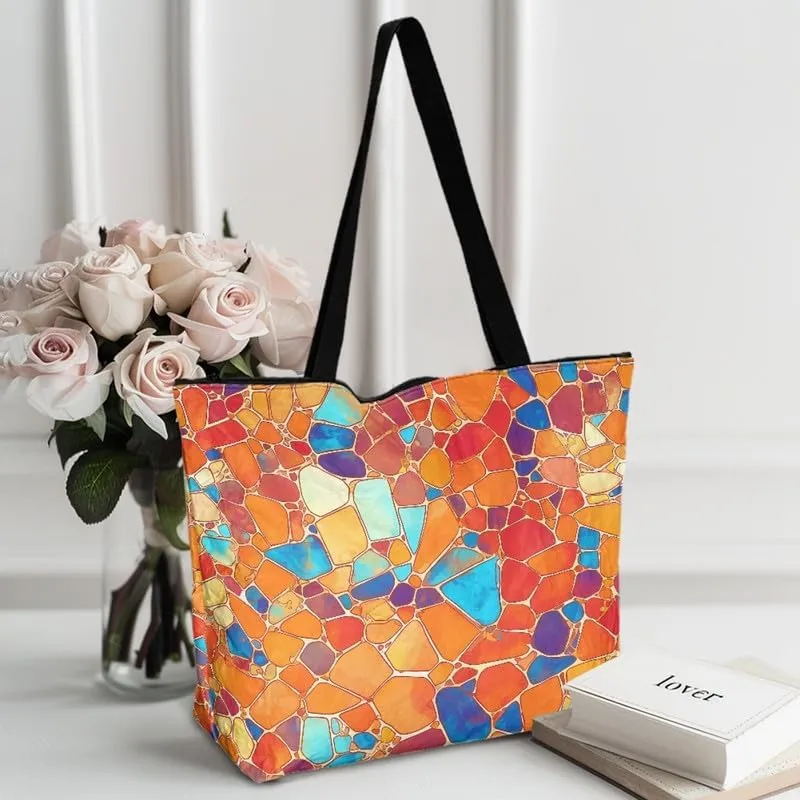 Cartoon Husky Dog Sheep Women Tote Paper Bag, Countryside Flower Hand Bag, Geometric Art Commute Bag for Work