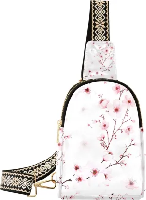 Cherry Blossom Sling Bag for Women Leather Crossbody Bags Cross Body Fanny Pack Purse Fashion Chest Bag with Adjustable Strap for Teen Girls