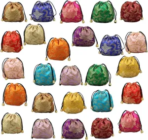 Chinese Silk Brocade Embroidered Drawstring Jewelry Pouch Bag Colors Value Set 34 pcs