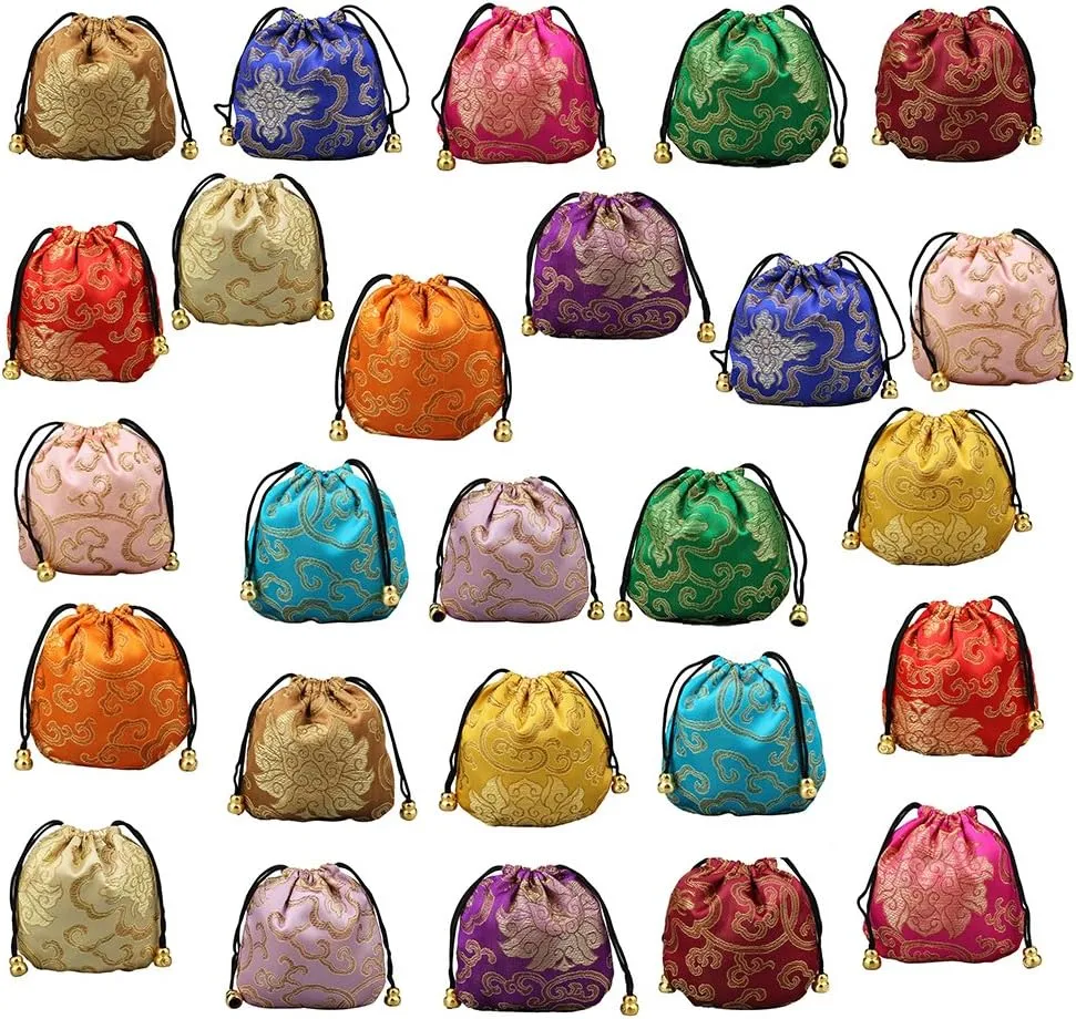 Chinese Silk Brocade Embroidered Drawstring Jewelry Pouch Bag Colors Value Set 34 pcs