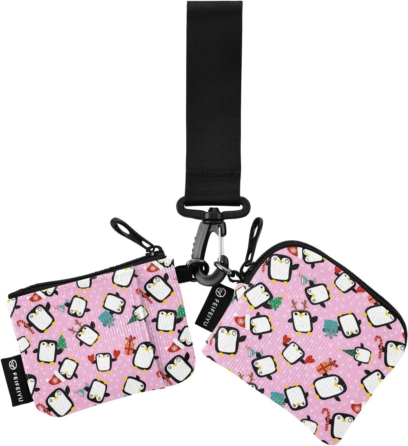 Christmas Penguin Pattern Wristlet Wallet for Women, Detachable Dual Pouch Wristlet, Mini Zip Around Wallet Portable Coin Purses