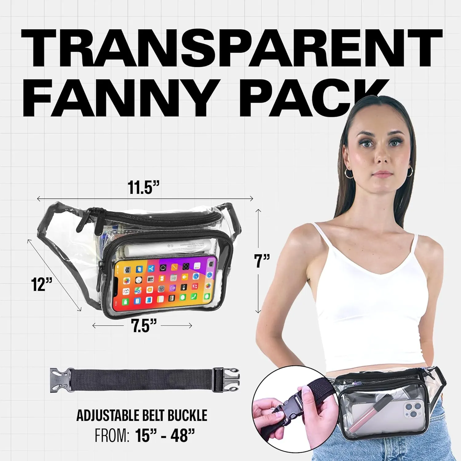 Clear Fanny Pack Belt Bag  Stadium Approved Waist Pack for Men & Women, Crossbody Bum Bag for Travel, Hiking, Running