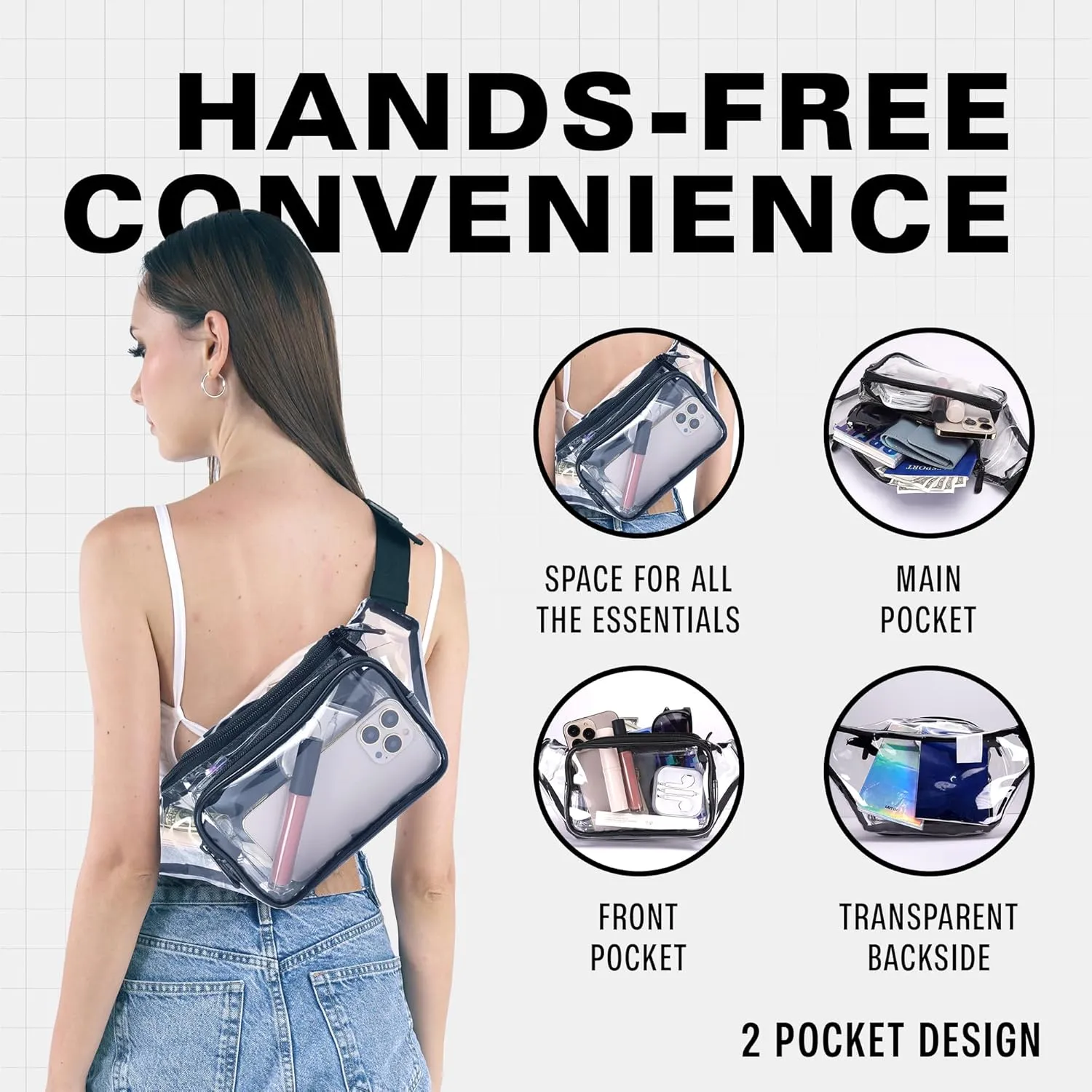 Clear Fanny Pack Belt Bag  Stadium Approved Waist Pack for Men & Women, Crossbody Bum Bag for Travel, Hiking, Running