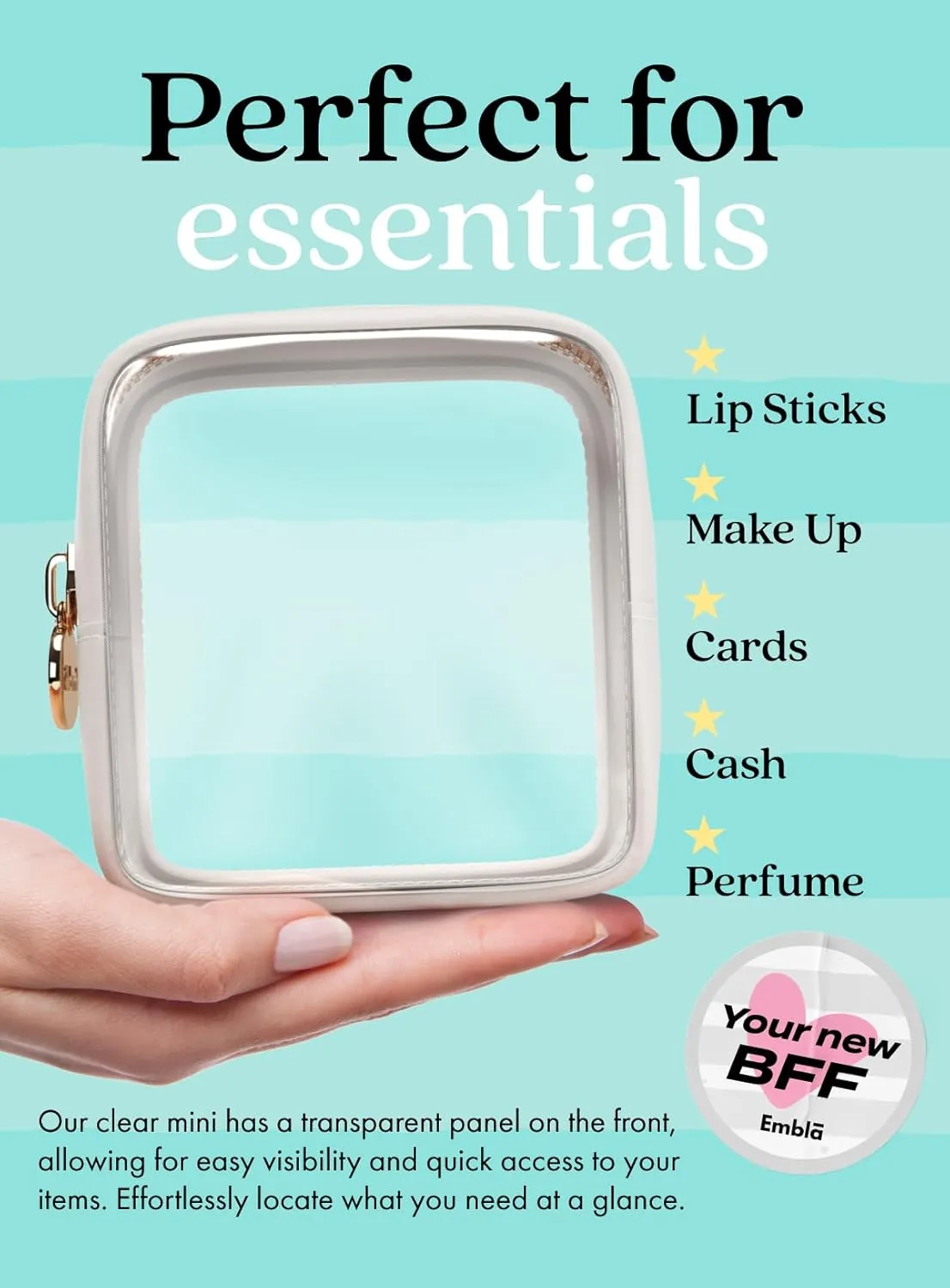 Clear Makeup Bag Zipper Pouch, Transparent Cosmetic Case Organizer, TSA Approved Travel Toiletry Case, Travel Accessories Essentials Makeup Tote for Women, Mini Cute Make up Bag for Purse - White