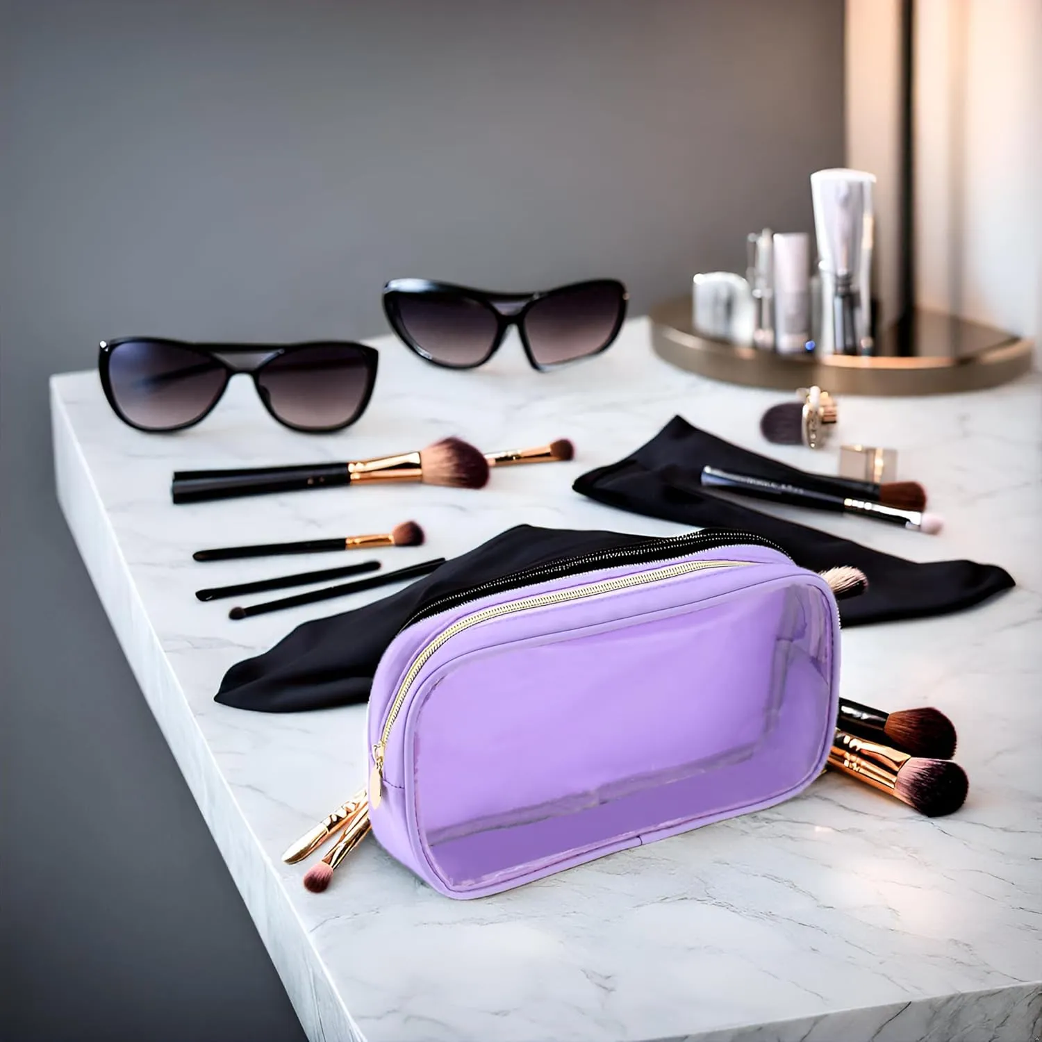 Clear Makeup Bags For Women Small Travel Cosmetic Bag Waterproof Toiletry Storage Bag Pouches For Purse Zipper Girls Preppy Organizer(Purple,Small)
