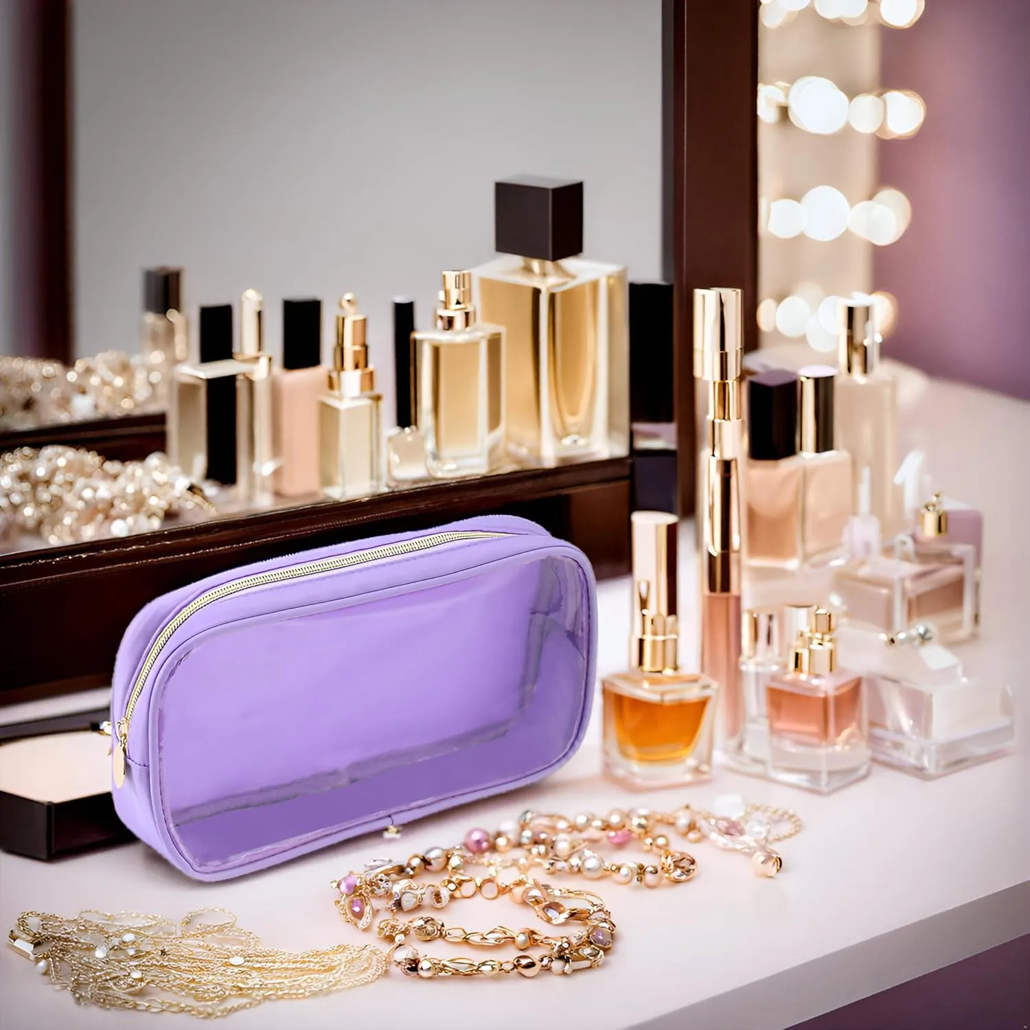 Clear Makeup Bags For Women Small Travel Cosmetic Bag Waterproof Toiletry Storage Bag Pouches For Purse Zipper Girls Preppy Organizer(Purple,Small)