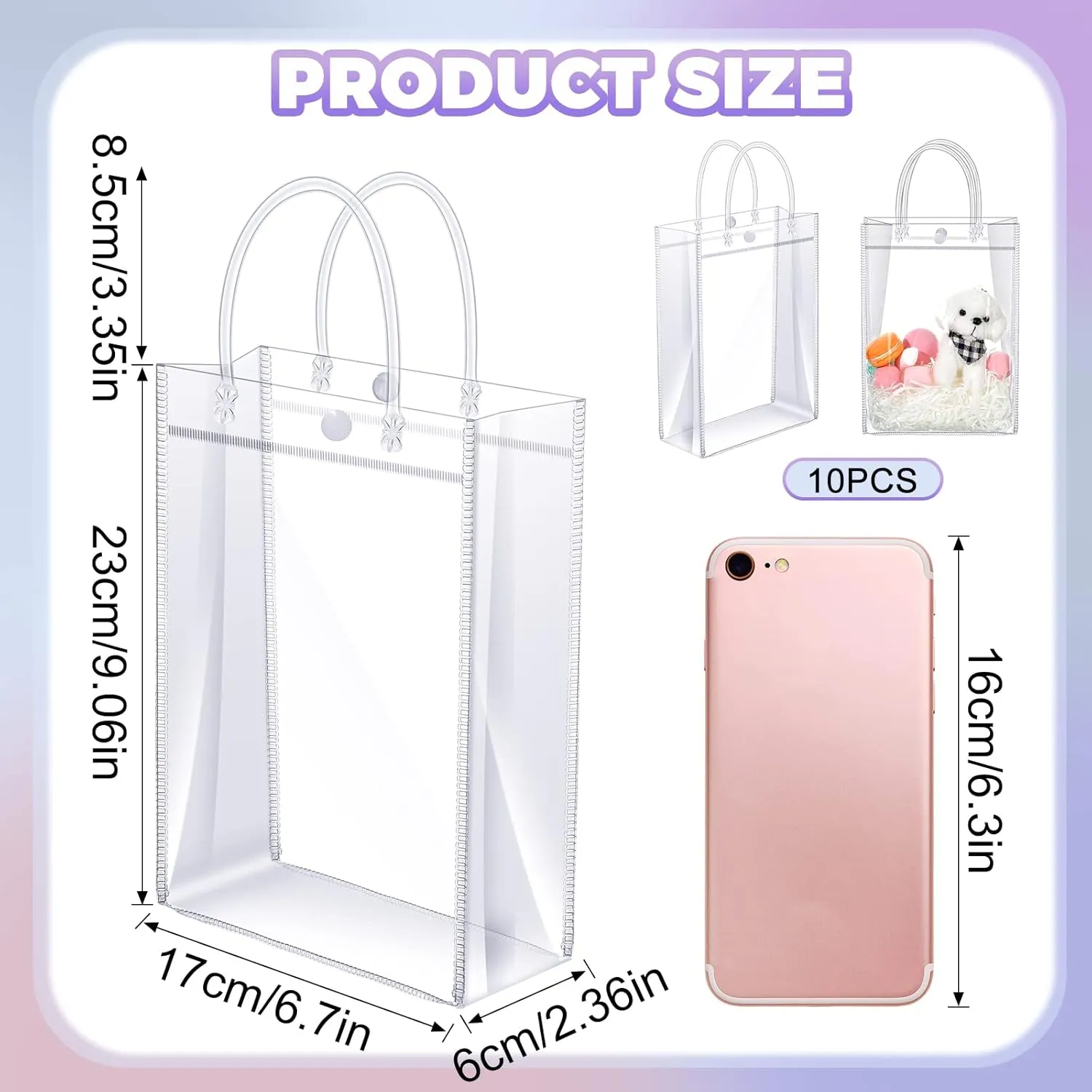 Clear PVC Gift Bags with Handles Reusable Plastic Wrap Tote Transparent Shopping Bags for Christmas Party Favors Weddings Merchandise Retail Small Business, 9 x 6.7 x 2.6 Inches(100 Pieces)