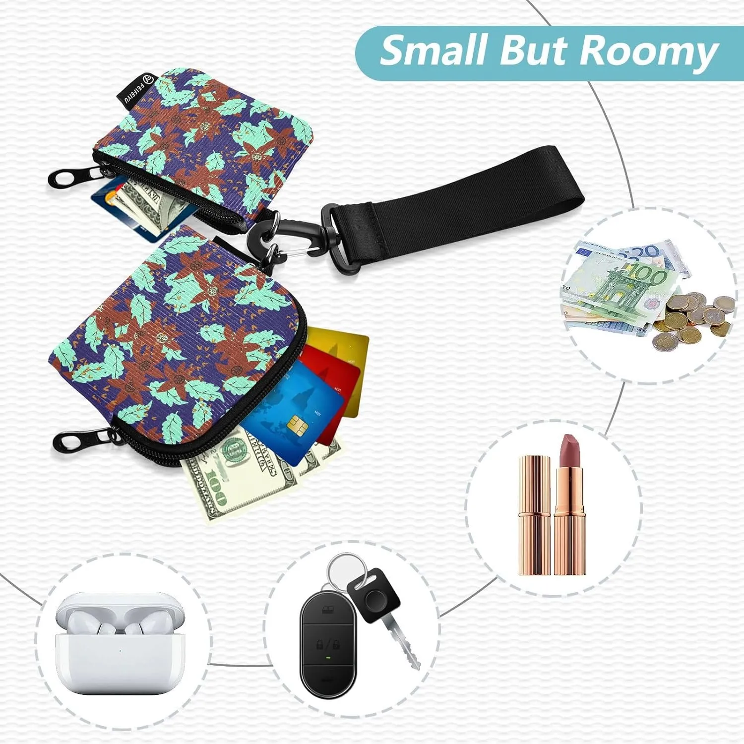 Coin Purse Around Wristlet keychain Mini Small Wallet Dual Pouch Portable Handbag for Women Leaf Print(cyan)