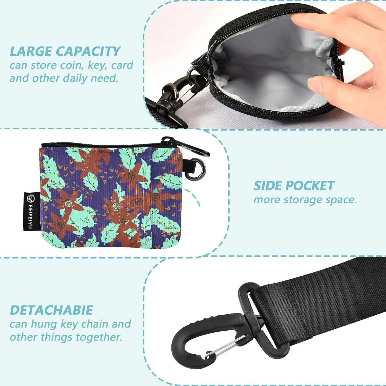 Coin Purse Around Wristlet keychain Mini Small Wallet Dual Pouch Portable Handbag for Women Leaf Print(cyan)