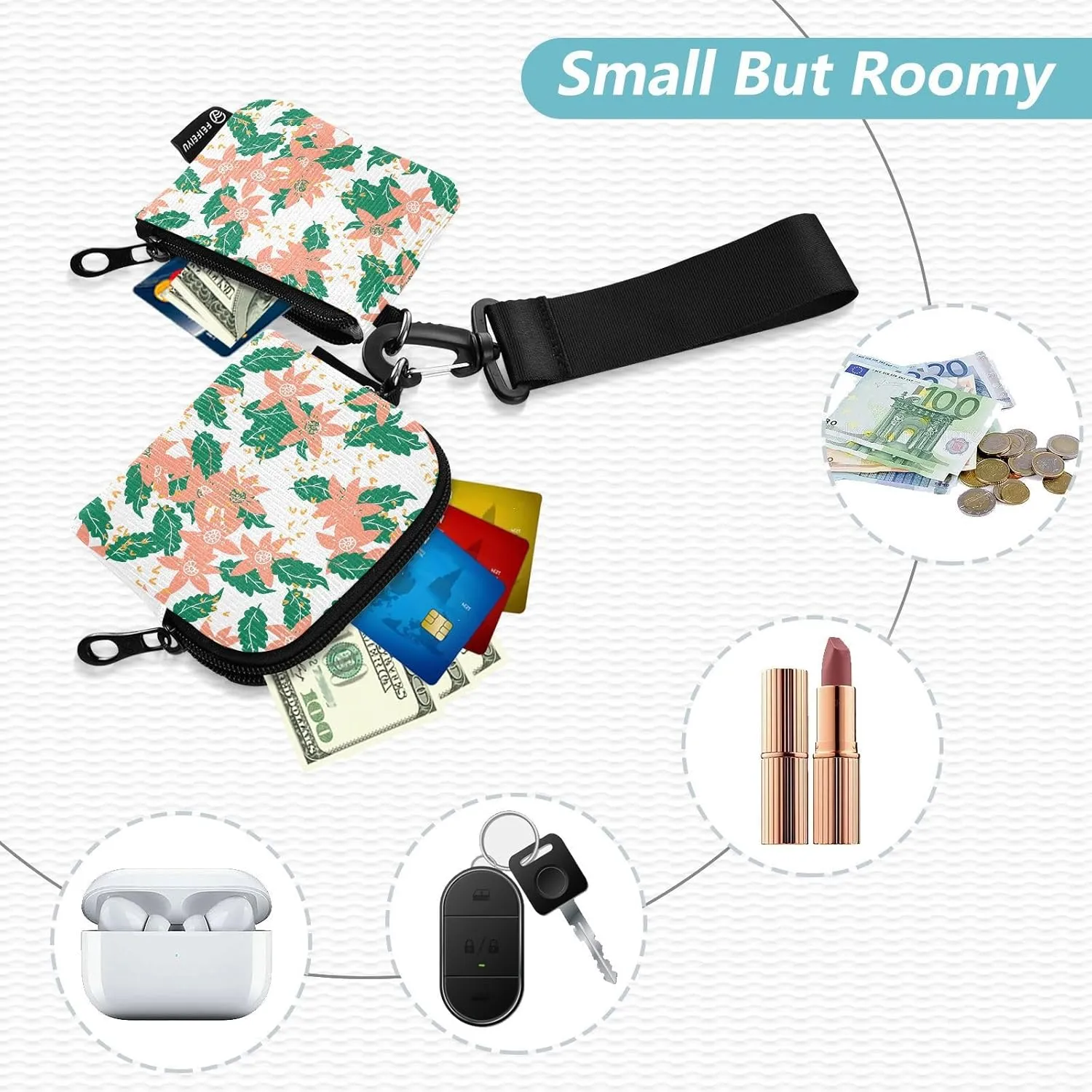 Coin Purse Around Wristlet keychain Mini Small Wallet Dual Pouch Portable Handbag for Women Leaf Print(green)