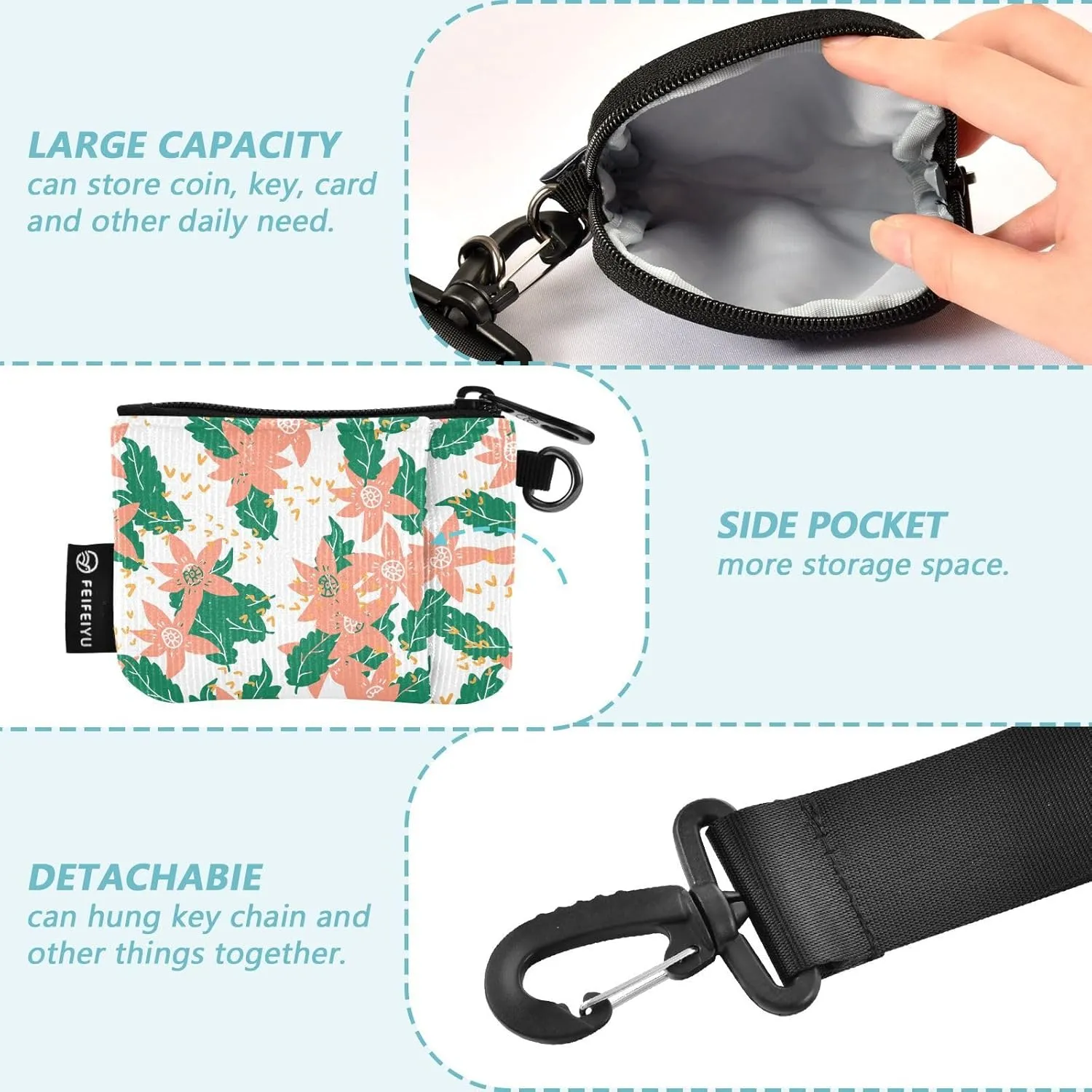 Coin Purse Around Wristlet keychain Mini Small Wallet Dual Pouch Portable Handbag for Women Leaf Print(green)