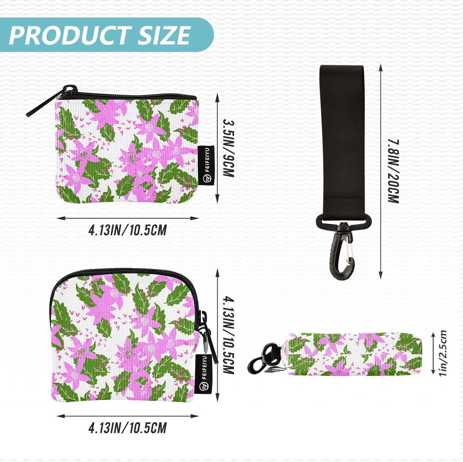 Coin Purse Around Wristlet keychain Mini Small Wallet Dual Pouch Portable Handbag for Women Leaf Print(pink)