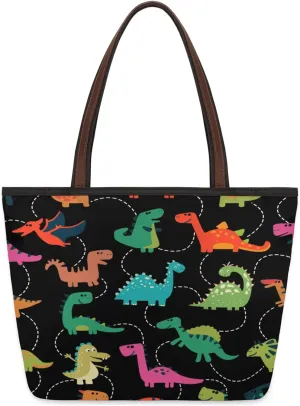 Colorful Cartoon Dinosaurs Tote Bag Multi Pocket Zippered Beach Bag Lightweight Waterproof Handbag