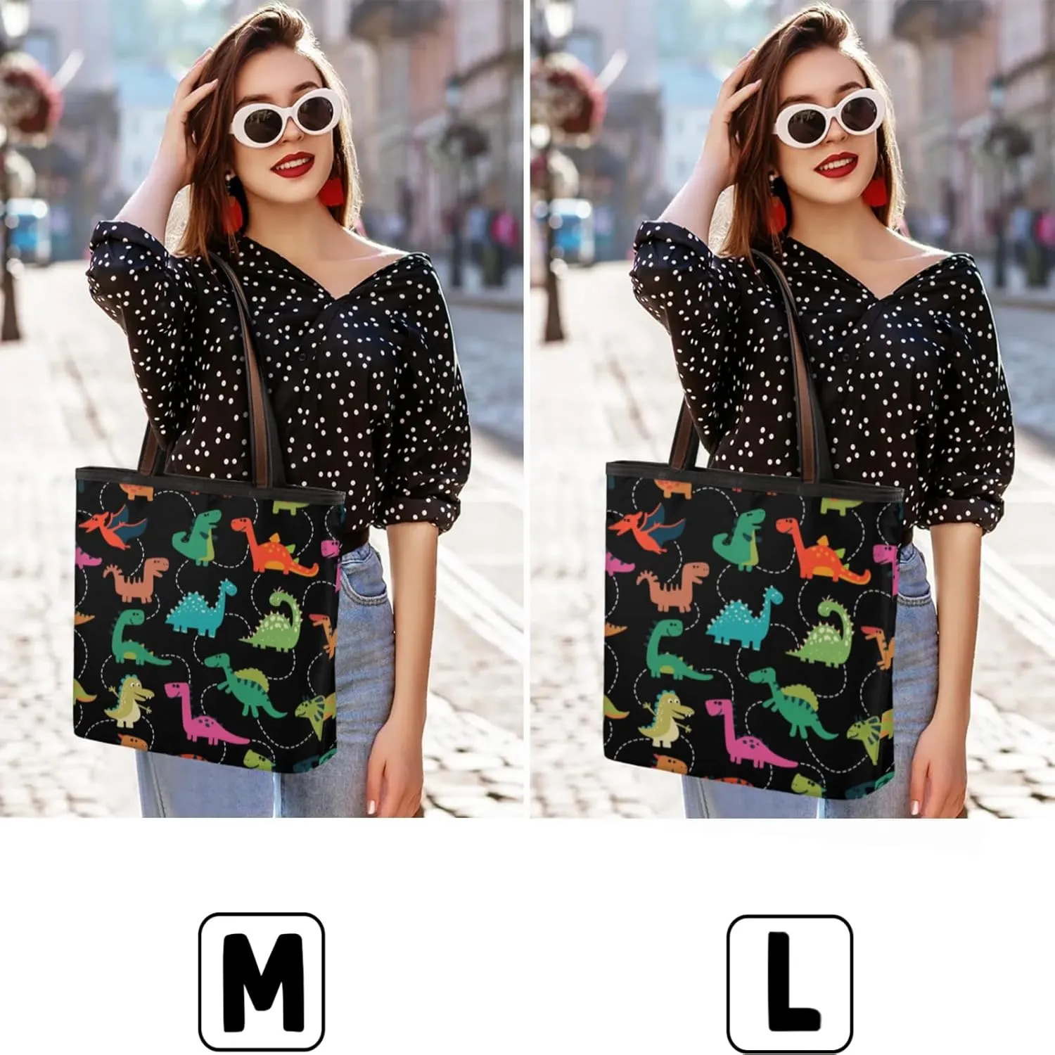 Colorful Cartoon Dinosaurs Tote Bag Multi Pocket Zippered Beach Bag Lightweight Waterproof Handbag