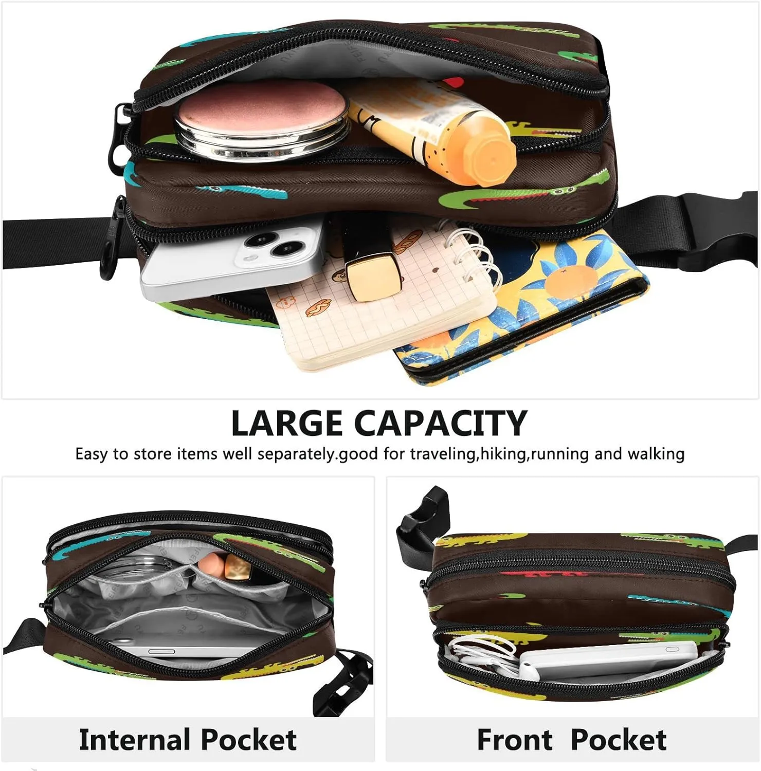 Colorful Crocodile Belt Bag for Women Men Fanny Pack Small Waist Pouch Crossbody Bags for Outdoor Hiking Running Travel