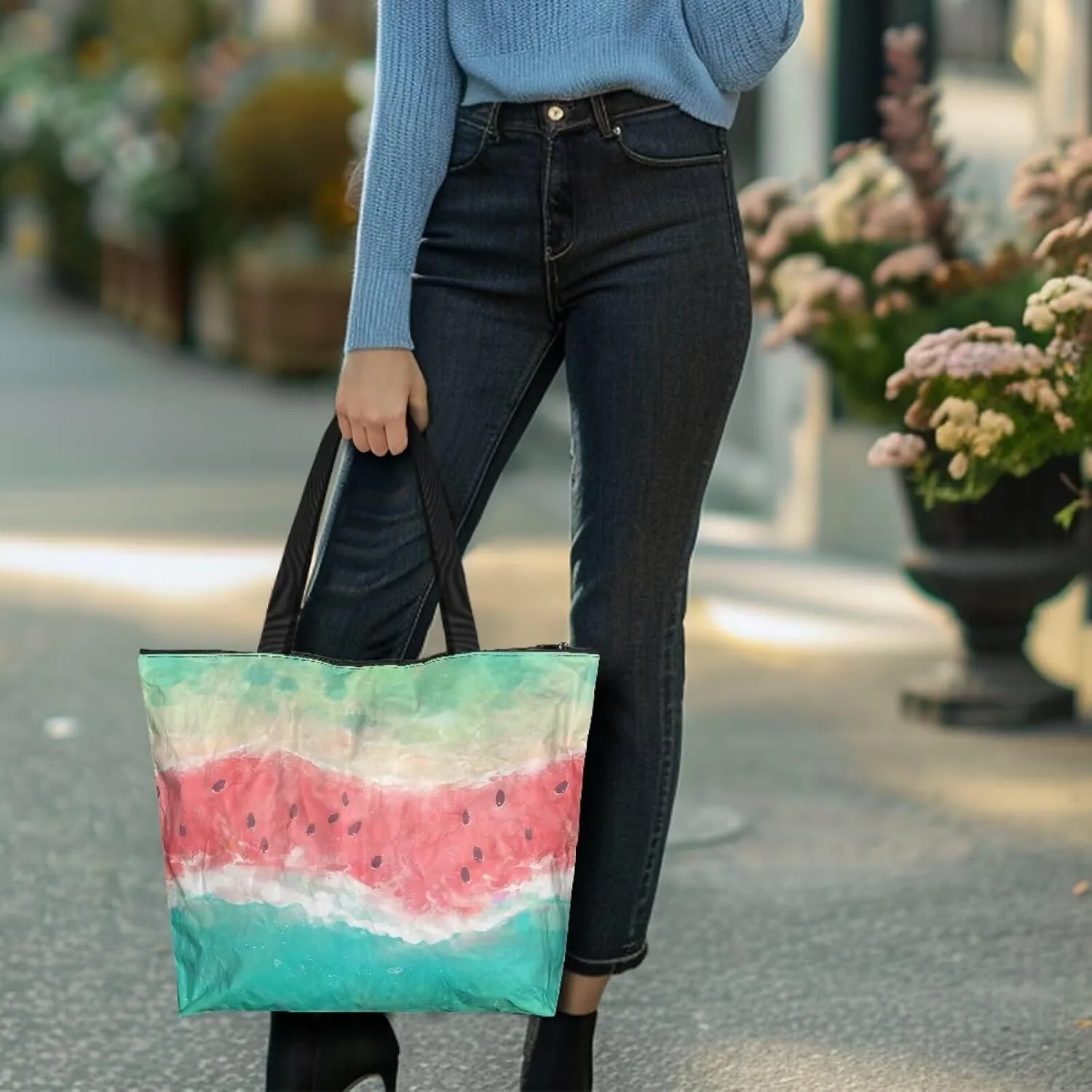 Corgi Dog Foldable Tote Bags, Daisy Flower Plum Blossom Handbag, Ethnic Tribal Stripe Reusable Paper Commute Bag