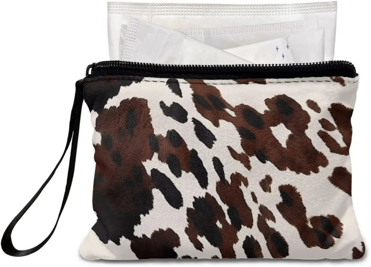 Cow Print Small Pouches for Purse with Zipper Portable Purse Pouch with Strap Stylish Lightweight Sanitary Napkin Storage Purse Pouches for Women