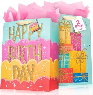 Craftorama 16" Extra Large Happy Birthday Gift Bags with Tissue Paper  Large Birthday Bags for Women, Kids, Boys, Girls, and Men  Festive Gift Bag with Matching Tags, Perfect for Presents (2 Pack)