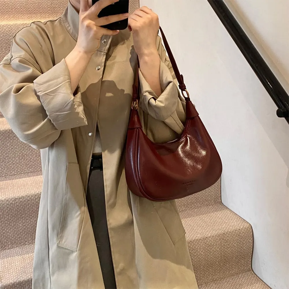 Crescent Shoulder Bag for Women - Red Burgundy Handbag Satchel Retro Leather Fall Bags Maroon Shoulder Purse