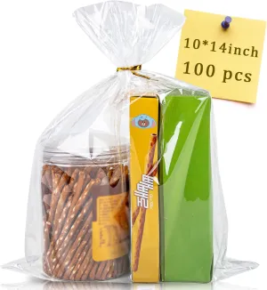 CUDICY 100pcs 10x14 Clear Cellophane Gift Bags with Ties - Versatile Occasion Gift Wrap Bags for Cookie, Candy, Party Favors, Wedding, Birthday, Christmas