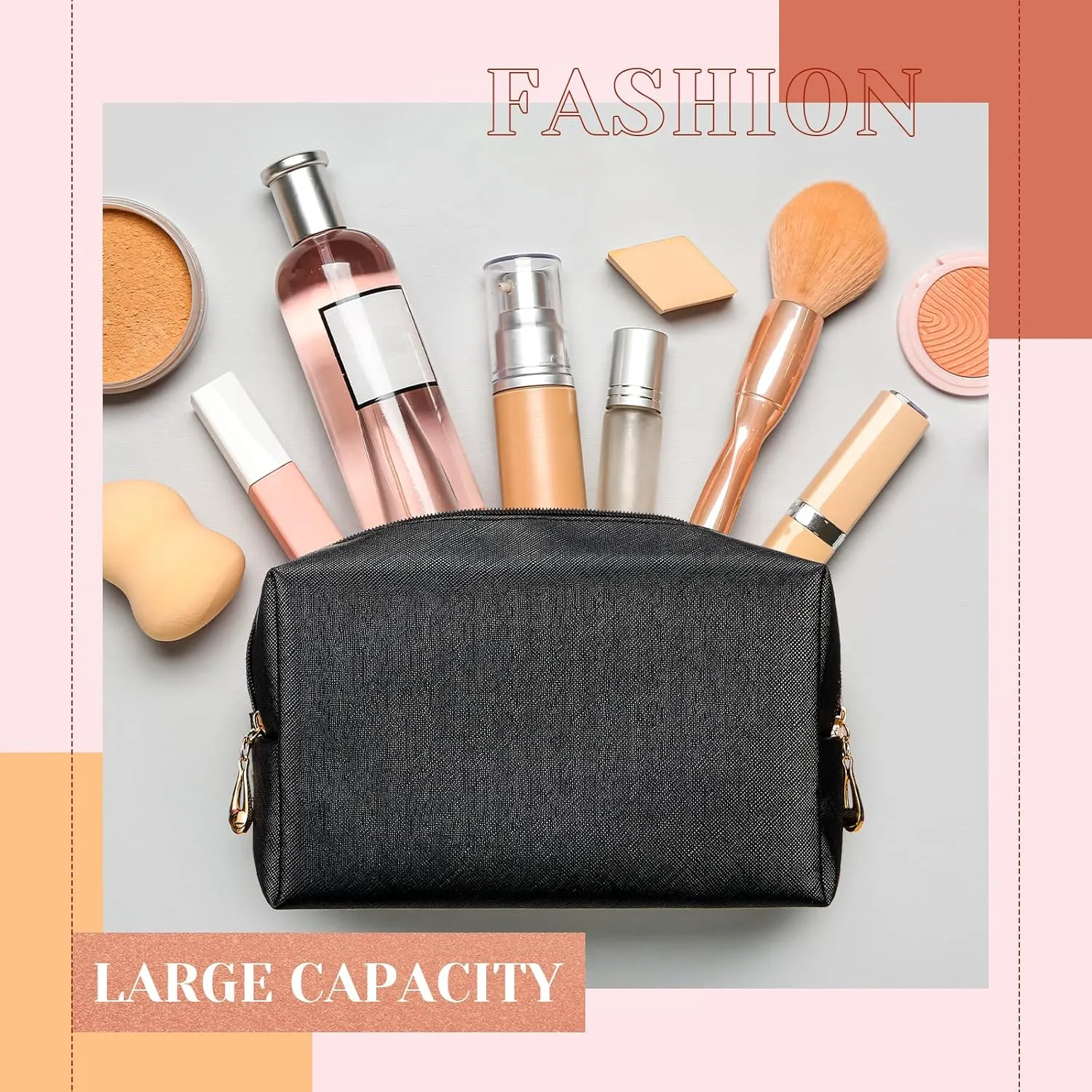 Cunno 20 Pcs Preppy Makeup Bags PU Leather Cosmetic Pouch with Zipper Waterproof Make up Bags Toiletry Beauty Container for Women Bridal Shower Favors End of the Year Teacher Gifts(Black)