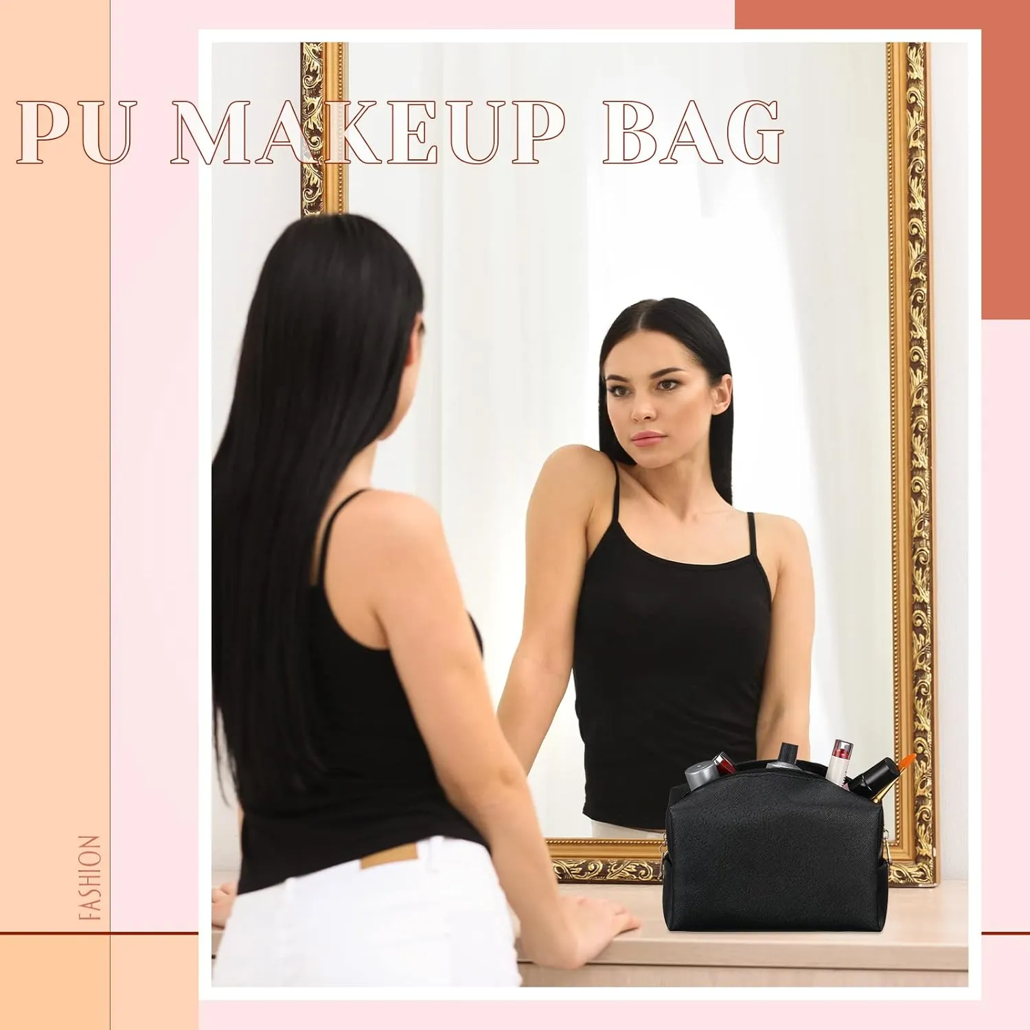 Cunno 20 Pcs Preppy Makeup Bags PU Leather Cosmetic Pouch with Zipper Waterproof Make up Bags Toiletry Beauty Container for Women Bridal Shower Favors End of the Year Teacher Gifts(Black)