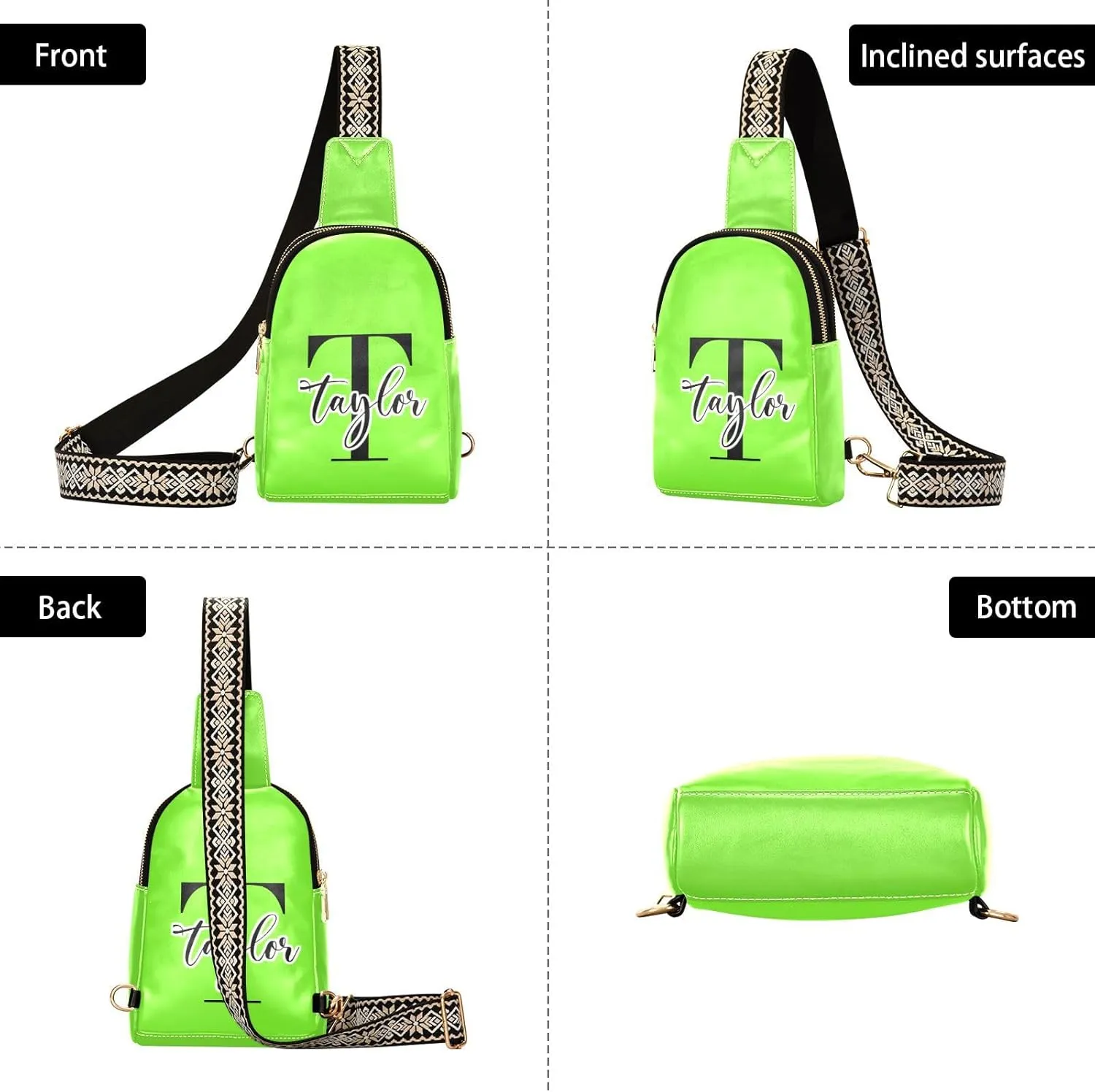Custom Bright Green Sling Bag for Women Personalized Leather Crossbody Bags Fanny Pack Purse Crossbody Belt Bag with Adjustable Strap for Travel Women