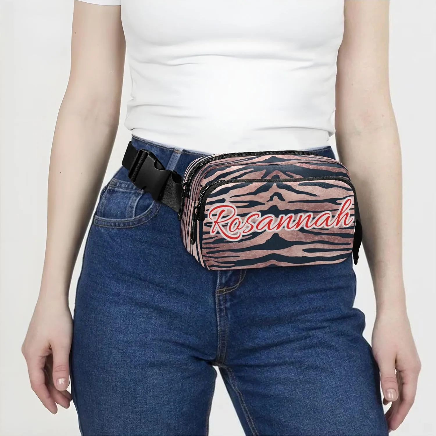 Custom Rose Gold Tiger Pattern Belt Bag for Women Men Wild Animal Fanny Pack Small Waist Pouch Crossbody Bags for Outdoor Hiking Running Travel
